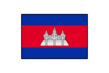 The flag of Cambodia features a striking design with a central depiction of Angkor Wat, set against a vibrant blue and red background, symbolizing national pride and heritage.