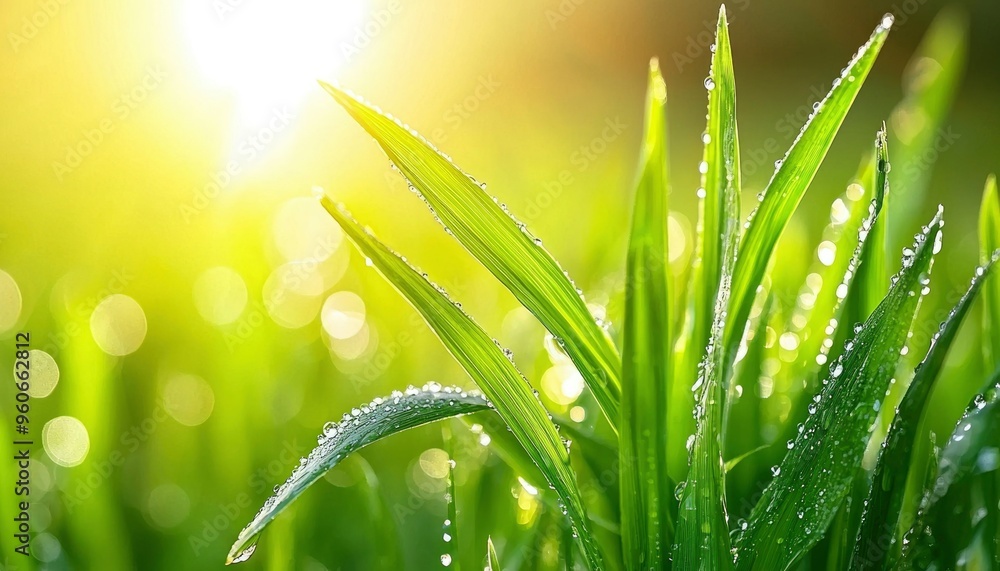 Sticker Dew-Covered Grass Blades in Soft Sunlight