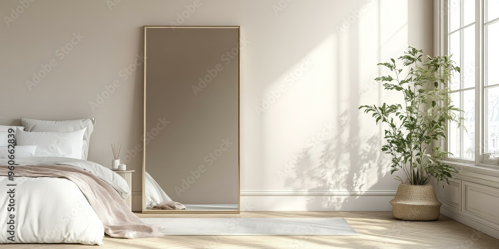 Wall mural a bedroom with a large mirror, a bed, a plant