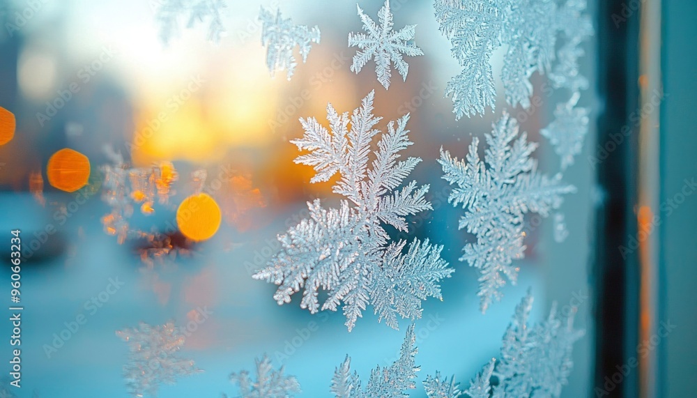 Poster intricate frost patterns on a windowpane with blurry background