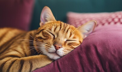 Obraz premium Bengal cat in a loaf position on a plush velvet pillow, luxurious textures and soft lighting, [cat loaf], [luxury, relaxation]