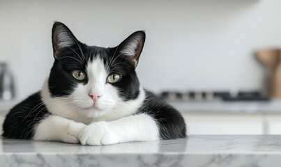 Black and white tuxedo cat in a loaf position on a marble countertop, modern and sleek kitchen background, [cat loaf], [modern, chic]