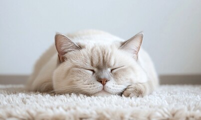 British shorthair cat in a loaf position on a fluffy rug, soft pastel tones in the room, creating a calm and inviting space, [cat loaf], [softness, calm]