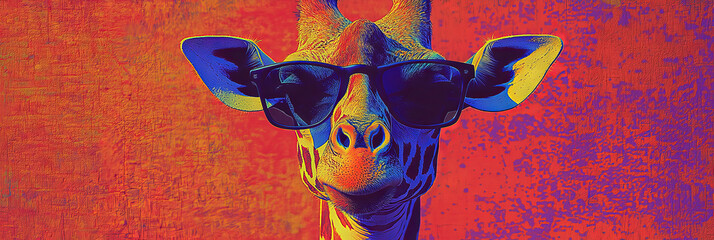 A giraffe wearing sunglasses and looking directly at the camera with a cool expression.