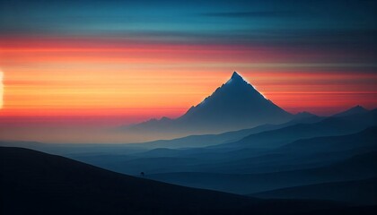 Majestic mountain silhouette at sunrise with vibrant sky and layered hills
