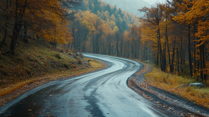 Obraz premium Scenic autumn drive through a misty forest with vibrant foliage, ideal for exploring in october or november
