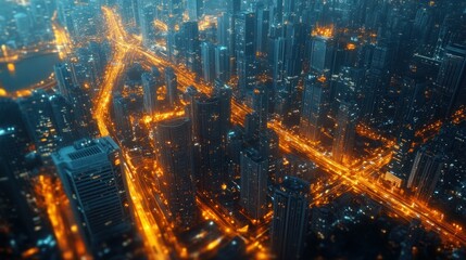 Obraz premium Aerial View of a City at Night with Illuminated Roads and Buildings