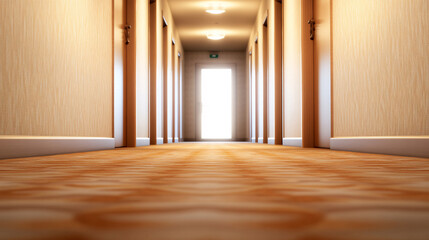 A modern corridor with soft lighting and a sleek, minimalist design, leading towards an open door at the end, creating a sense of calm and order.