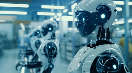 Fototapeta premium Future of Technology: Advanced Humanoid Robots in a Factory Setting