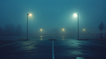 A deserted parking lot shrouded in mist, with glowing streetlights piercing the fog, casting a quiet, eerie ambiance over the scene.