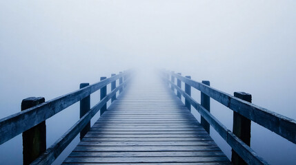 A fog-covered pier stretches out into the void, disappearing into the mist, creating a sense of mystery and isolation.
