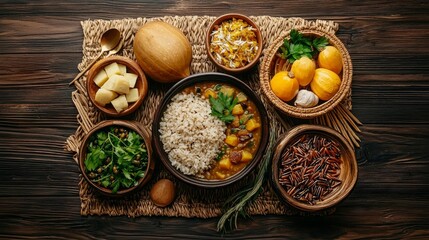 Rustic Native American Dining Experience: Bison Stew, Wild Rice, and Squash, Artfully Arranged on a Woven Mat