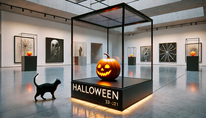 A Halloween pumpkin intricately carved on display in a modern bauhaus like museum and a black cat visits and wanders around in the hall.