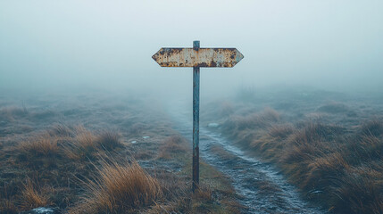A lone rusted signpost in a foggy moorland, standing as a sentinel at the crossroads, shrouded in mist and mystery.