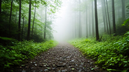 A narrow path winds through a mist-covered forest, surrounded by lush green foliage, evoking a sense of tranquility and mystery.