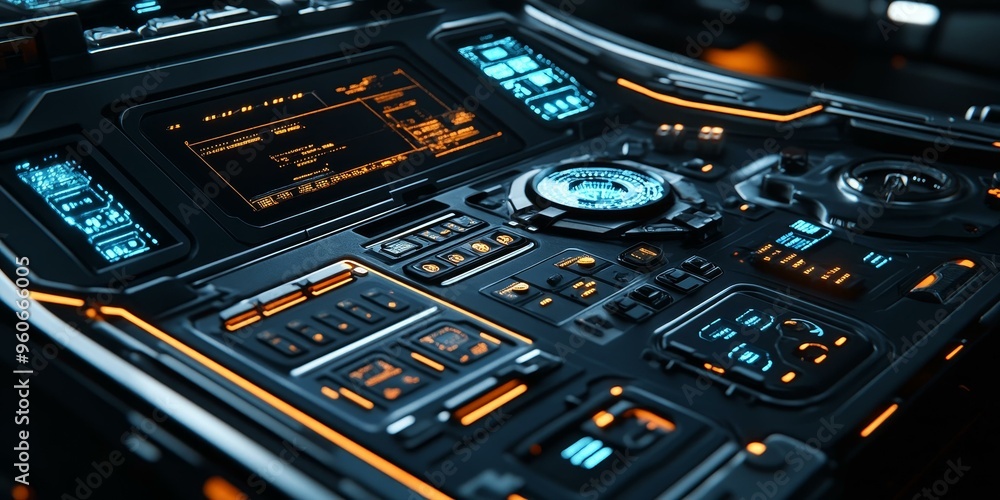 Poster futuristic control panel with glowing buttons.