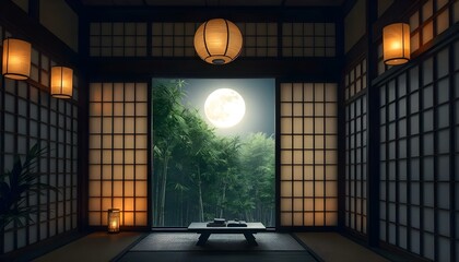 Japanese Shoji Screen Bamboo and Paper Lanterns Illuminating Night Moonlight Interior Design