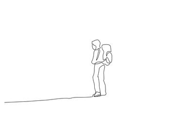 human person nature backpacking hike trekking walk back view one line art design vector
