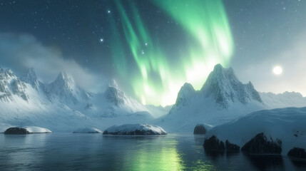 Northern Lights illuminate snowy mountains and a tranquil frozen lake, creating a breathtaking, magical winter landscape beneath a starry night sky.