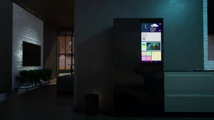 Modern house animation. Futuristic smart fridge with display. High-tech living - Powered by Adobe