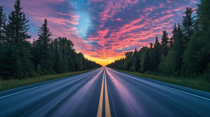 Fototapeta premium Picturesque road along the forest at sunset