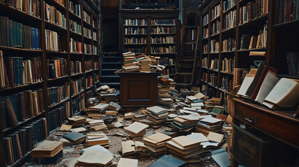 A narrow aisle in a forgotten library, with piles of books scattered on the floor and shelves, bathed in the dim light, evoking a sense of lost time and quiet solitude.