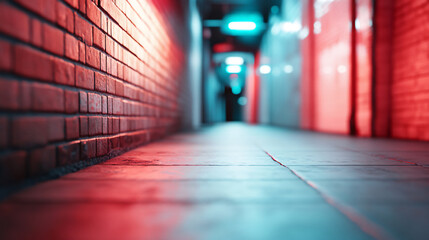 A narrow alleyway illuminated by contrasting red and blue neon lights, with the reflections on the wet ground adding to the urban and mysterious vibe.