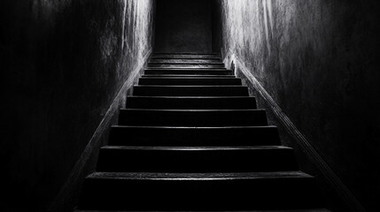 A narrow steep staircase disappearing into a pitch-black void, surrounded by dark, worn walls, creating a chilling and ominous atmosphere.