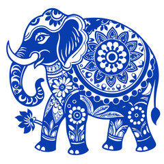 walking elephant, t-shirt print, in classic blue color on white background, with floral patterns, transparent background, sticker print, vector