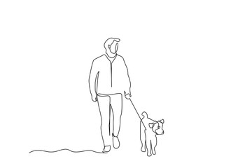 man owner dog fun walk love one line art design vector