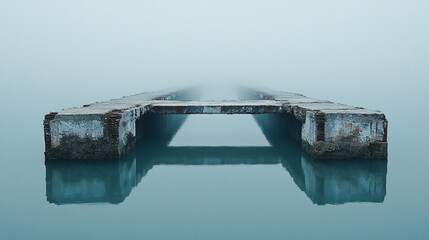 A decaying pier stretches into the fog-covered water, its reflection barely visible in the stillness, creating a hauntingly quiet and surreal atmosphere.