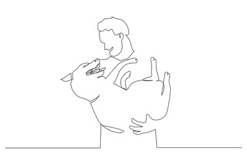 man owner dog fun walk love one line art design vector