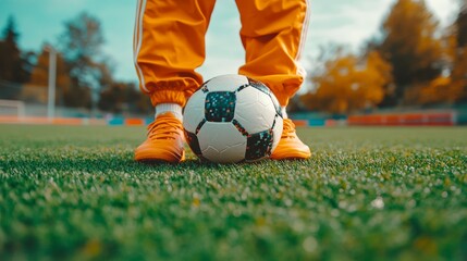 In the middle of the green grass field, a little boy runs after the black and white soccer ball, children playing sports outdoors. A toddler boy kicks the ball, children participating in an outdoor