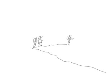 people three people together friends nature backpacking hike trekking walk back view one line art design vector