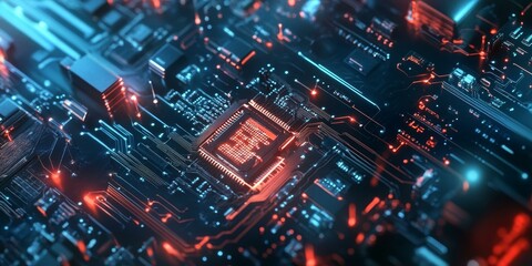 Obraz premium Circuit board with glowing red and blue lights.