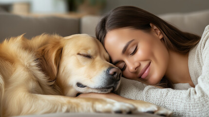 A woman smiling as she reads a book on a comfortable sofa, her dog lying contentedly by her side, the scene filled with warmth and serenity in a beautifully lit living space, home,