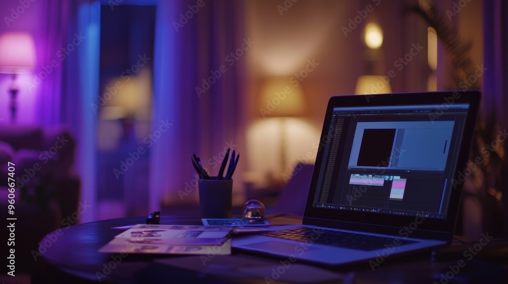 Poster nighttime, laptop notebook device screen display with keyboard and speakers positioned on wooden tab