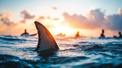 Fototapeta premium In the foreground, people on vacation or holiday enjoying the water, ready for attack, looking at dangerous sharks coming out of the sea water surface.