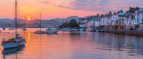 Naklejka premium Picturesque Sunset over a Quaint Coastal Town with Sailboats