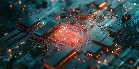 Obraz premium Circuit board with glowing red lights.