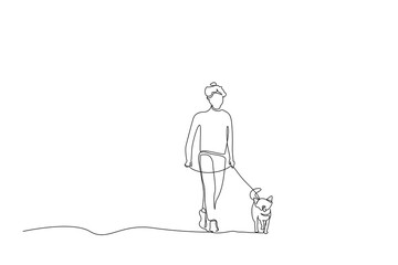 old woman little cute dog walking together park outside one line art design vector