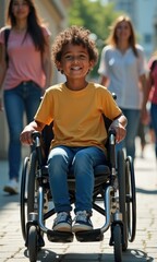 A joyful child in a wheelchair, surrounded by friends, showcases inclusivity and a positive attitude. Perfect for campaigns promoting accessibility and community support.