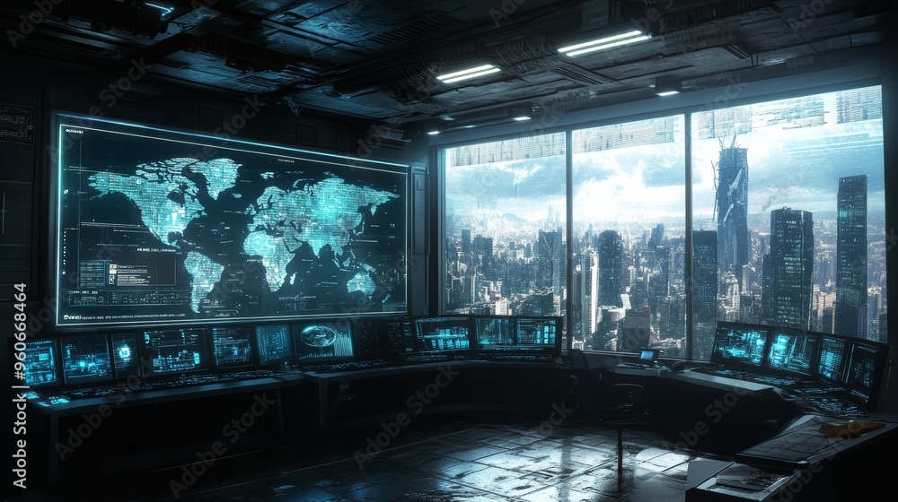 Poster the control room has a number of monitors on the tables and desks as well as a large screen on the w