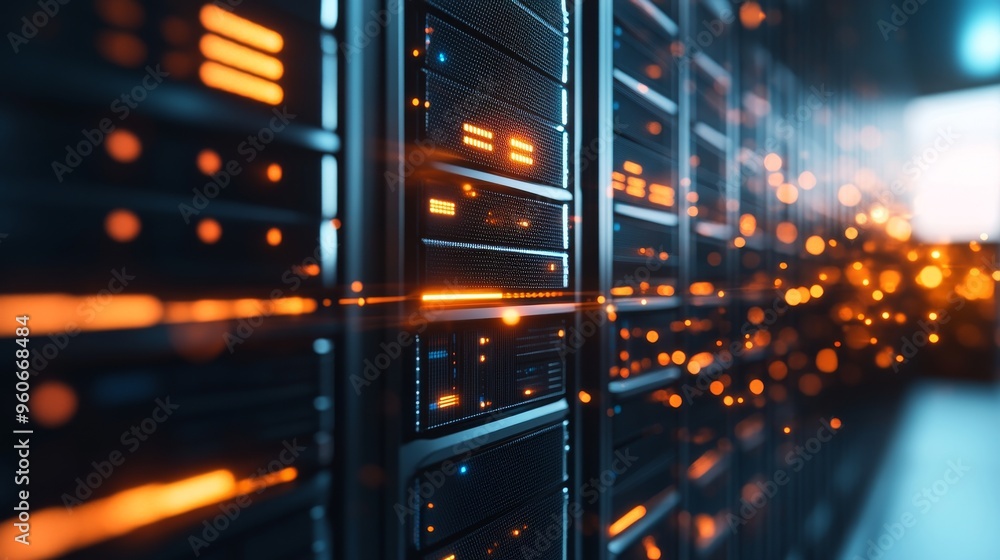 Poster storage of data in blues and oranges. cloud data system, black connection racks, cybersecurity hosti