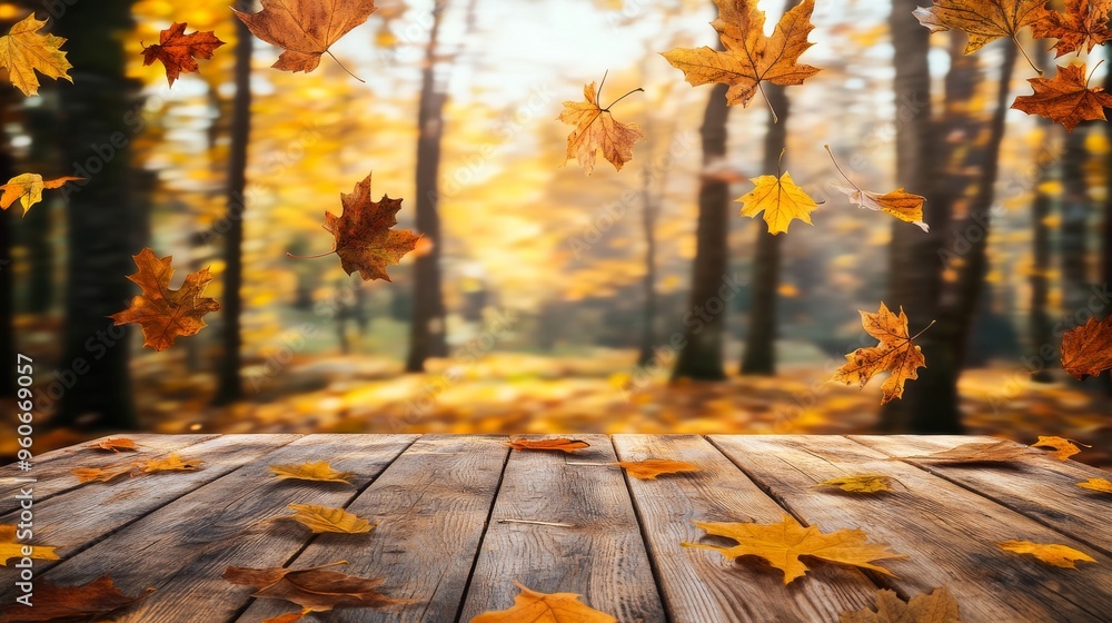 Aufkleber the background of this product display presentation is autumn with a wooden table top and blurred fo