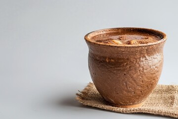 Traditional spiced drink served in a rustic clay mug on a neutral background. Minimalist design with warm, earthy tones, ideal for cultural, cozy, or beverage visuals with copyspace.
