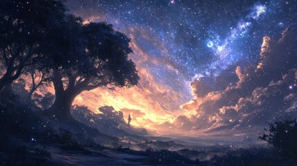 Naklejka premium A lone figure stands in a forest under a starry sky.