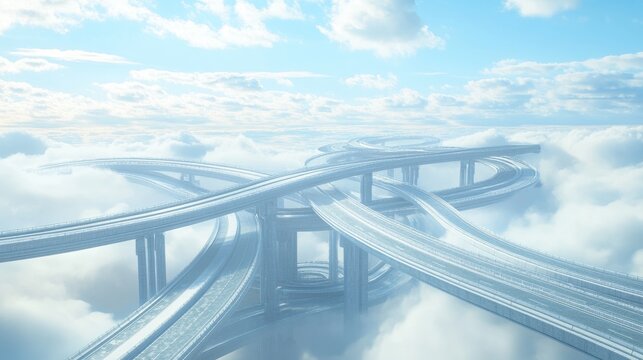 In the blue sky with clouds, many different roads or ways, a business career path, a decision at the crossroads of success and the future, confusion, challenge, solution, and doubt.