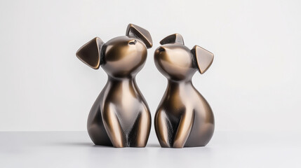 Two metallic dog sculptures sit facing each other, exuding a sleek, modern aesthetic against a neutral background.