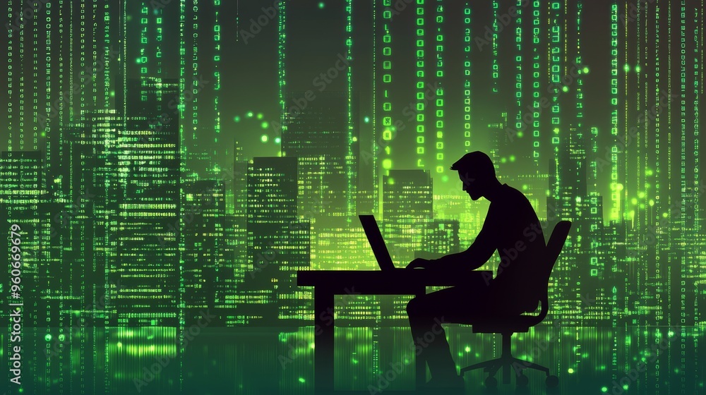 Poster this is a silhouette shadow view of a programmer in a chair in an office at night, working on a lapt